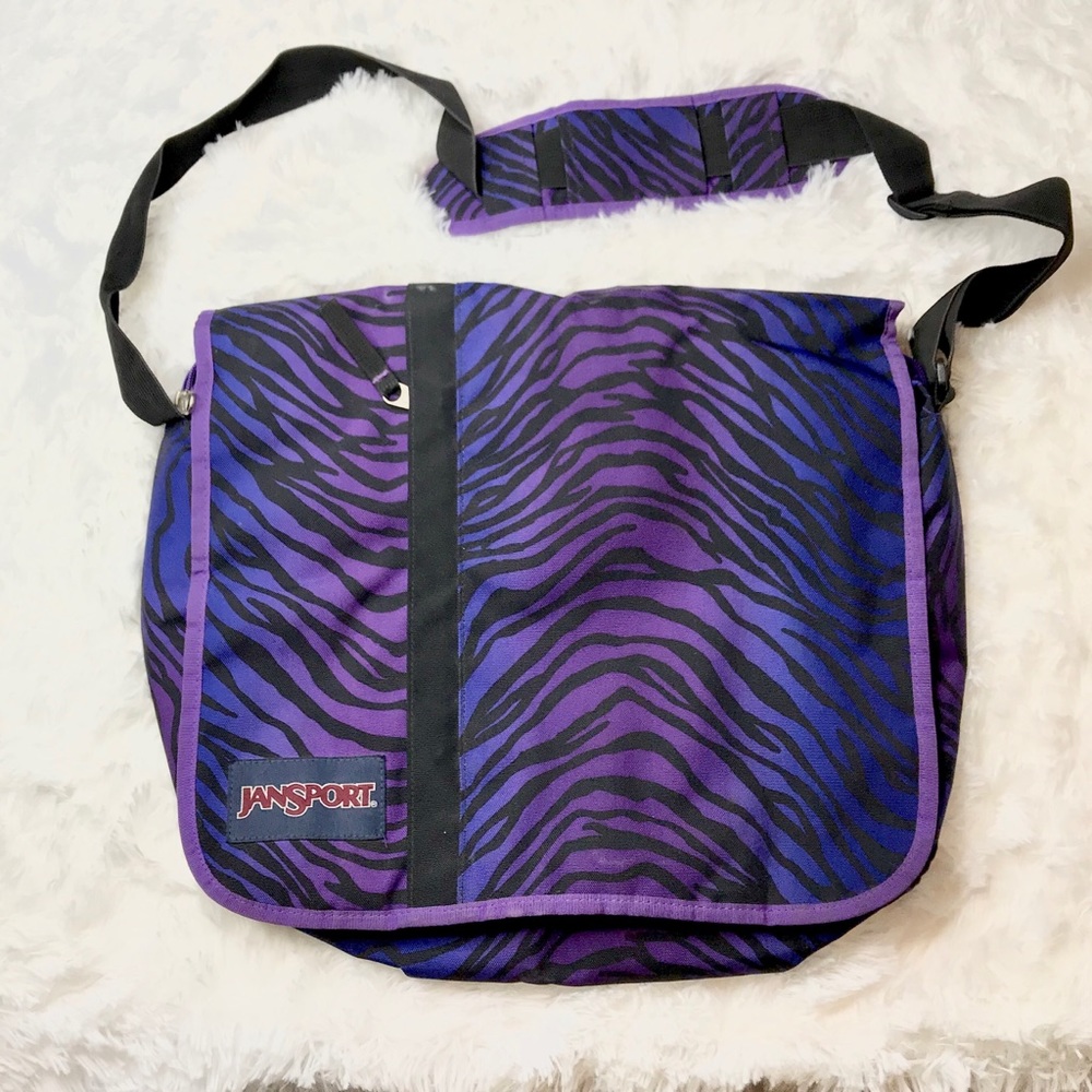 Jansport elefunk purple zebra messenger bag